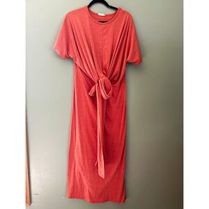 Hummingbird Women's Coral Solid Knit Maxi Dress Tie Waist Crew Neck S